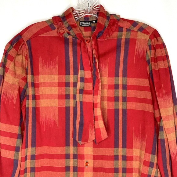 Vintage Cheenos Womens Blouse Shirt Size Medium Red Plaid Neck Bow Button Up - Picture 2 of 9